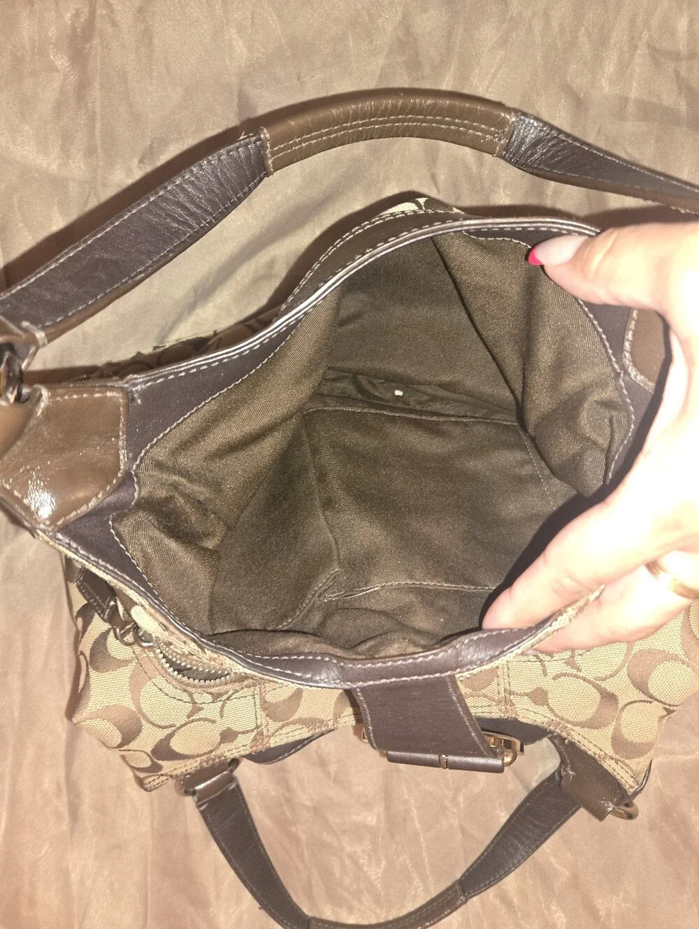 Coach Signature Canvas Hobo Bag in Khaki and Dark Brown